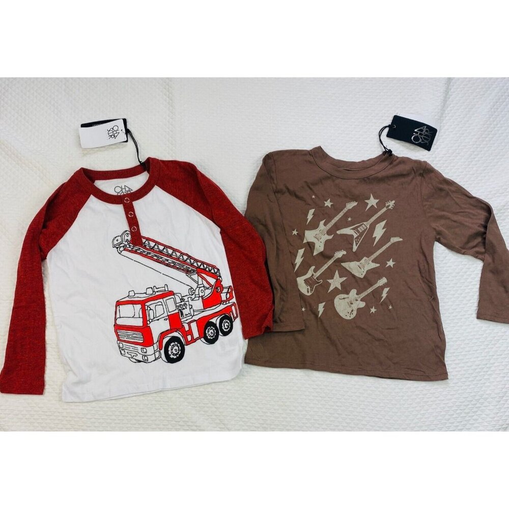 CHASER LOT OF 2 Shirts Boys Size 7-8 Brown Fire Truck Guitar Long Sleeve